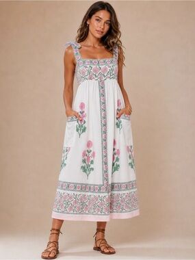 Juliet Dunn White Orchid Poppy Cotton Tie Shoulder Dress Sz 2 US 6/8 Midi